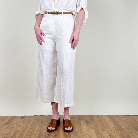 Linen Wide Leg Cropped Trouser Pants High Waisted Old Money Quiet Luxury Coastal - Picture 9 of 9